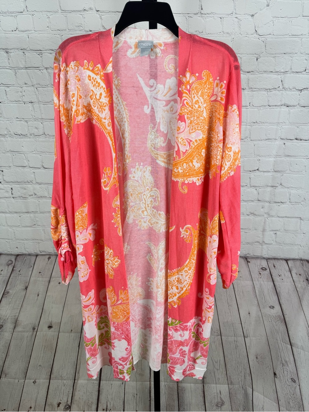 Chico's Coastal Calypso Coral Paisley Duster Open Front Cardigan Knit Size Large